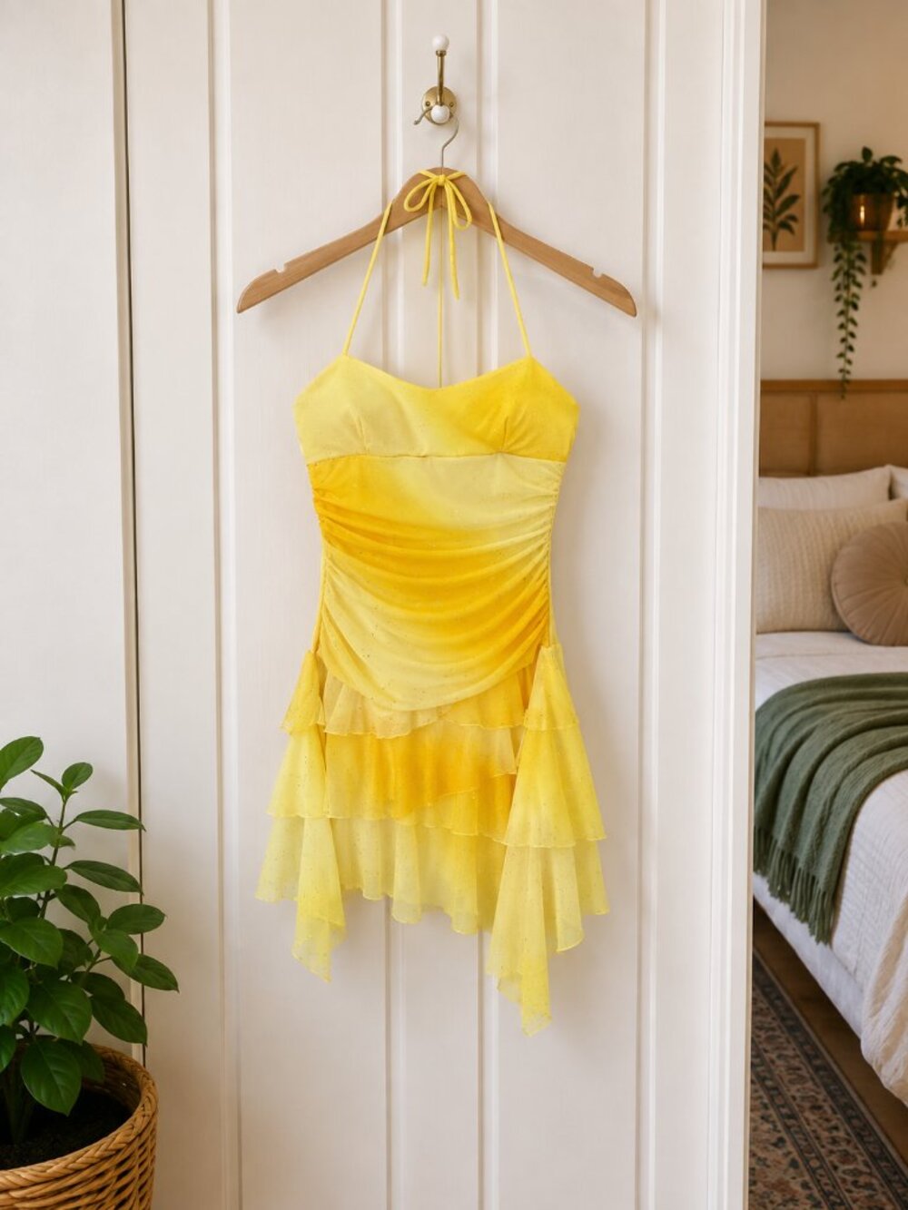 Vintage Y2K Finesse Yellow Sparkle Fairycore Ruffle Mini Dress Made USA Large